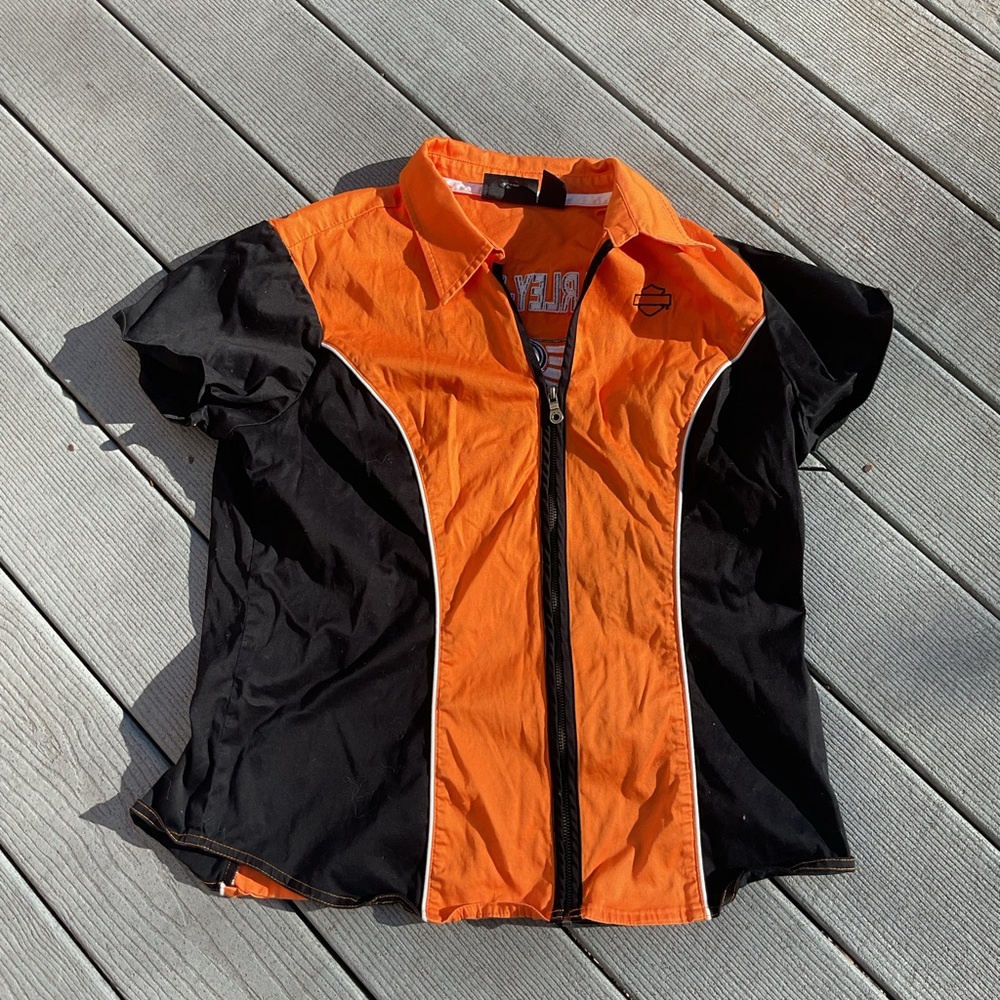 Harley Davidson Orange and Black Zip-Up Shirt women’s XL